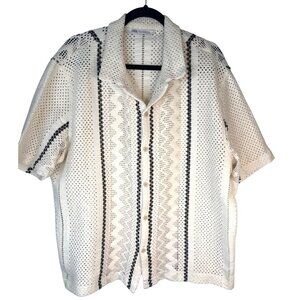 2/$30 Zara Mens XL Open Knit Button-Down Shirt Off White & Black Striped Unisex